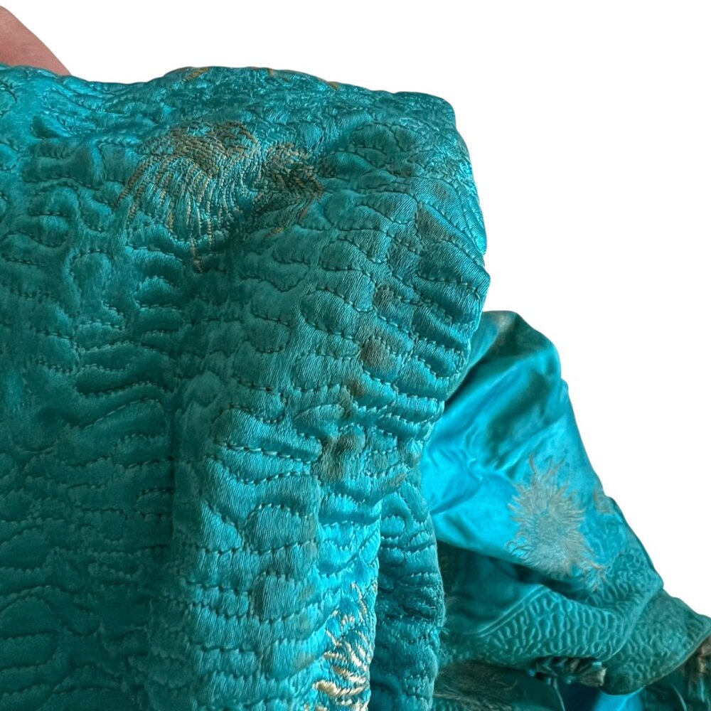 Traditional Chinese smoking jacket blue silky chrysanthemum floral design Small - Picture 10 of 11